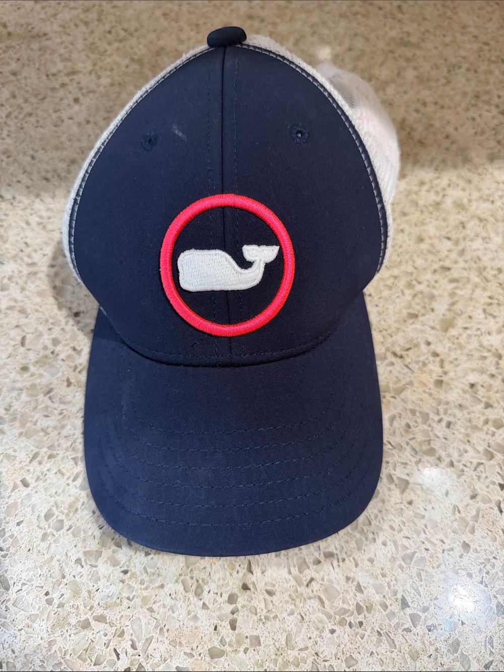 Vineyard Vines Navy Trucker Hat with Red-Trim Whale Patch